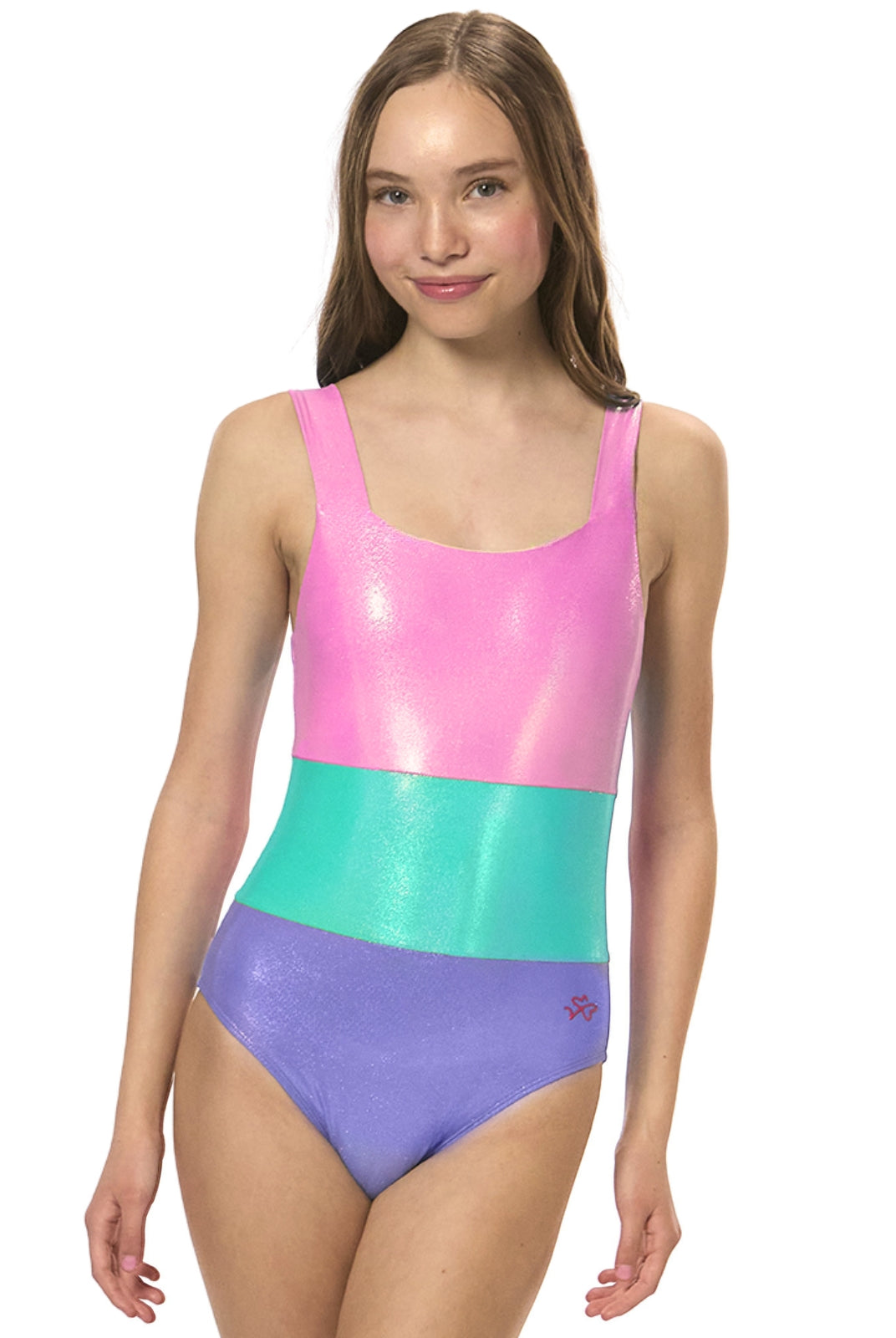 girls one piece swimsuit pink current colorblock front view
