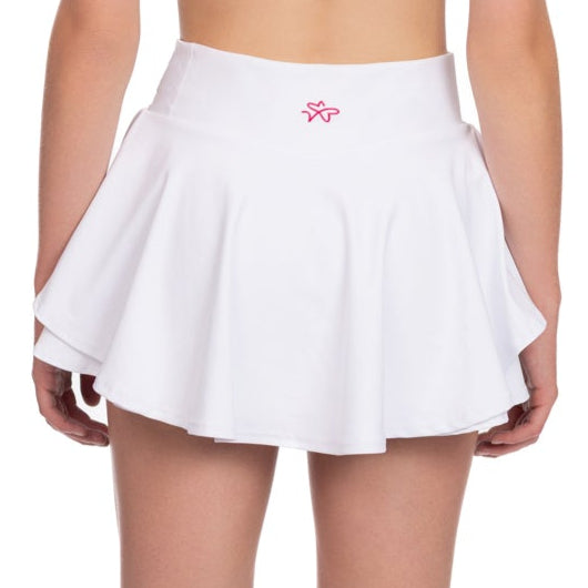 White tennis skirt back view showing flowy movement