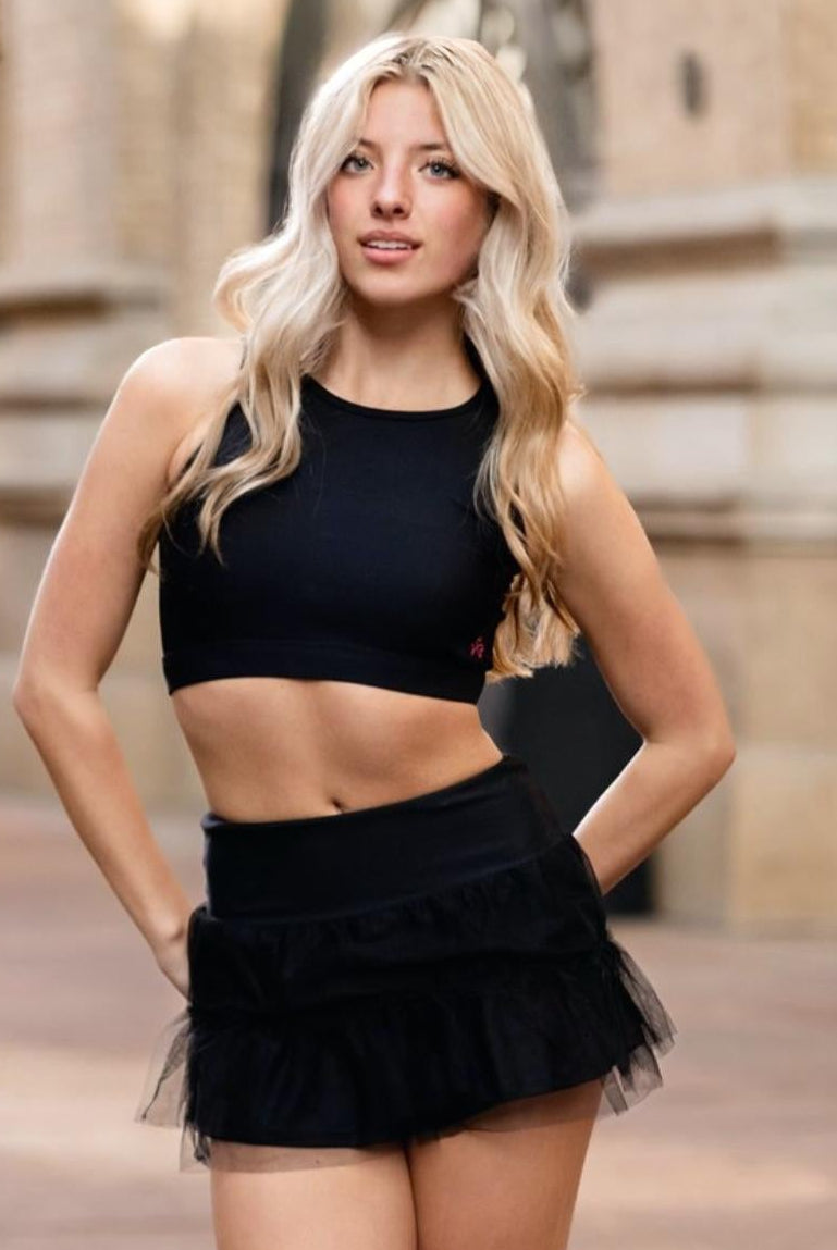black tulle dance skirt outfit with layered design and performance styling