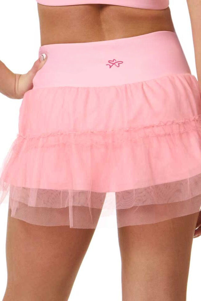 pink tennis skirt front view with lightweight layered design back view