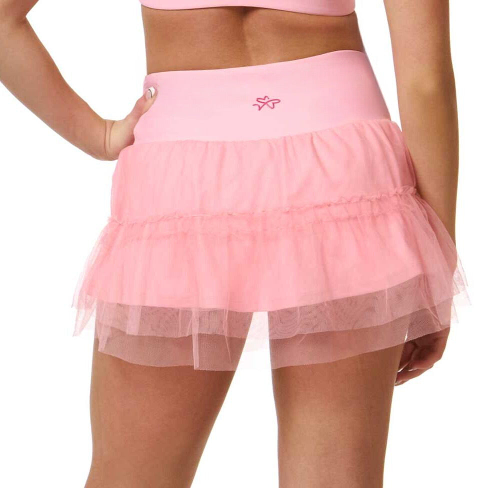pink tennis skirt front view with lightweight layered design back view
