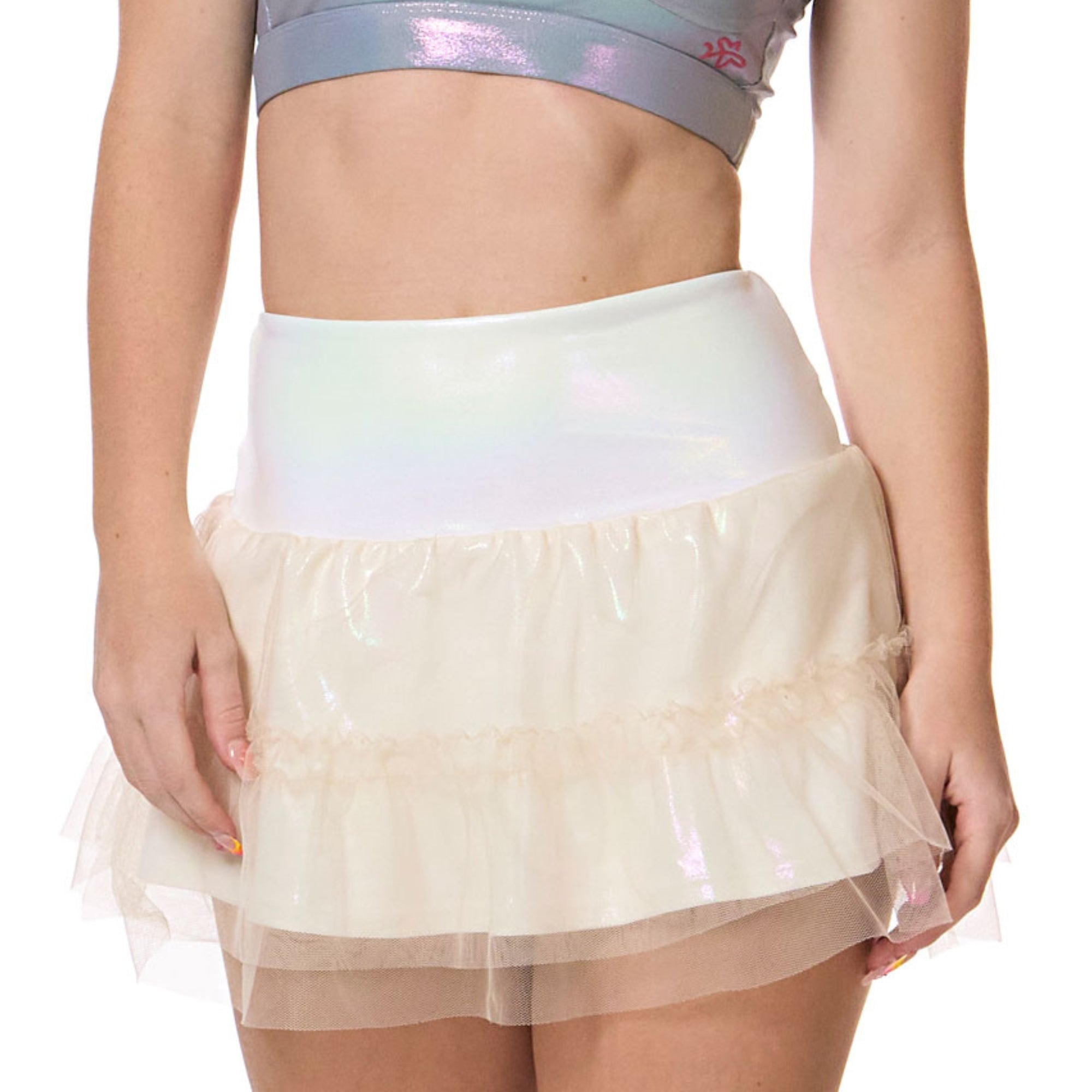 pearl layered tulle dance skirt with soft shimmer and volume