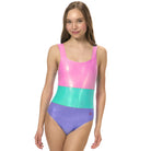 girls one piece swimsuit pink current colorblock front view