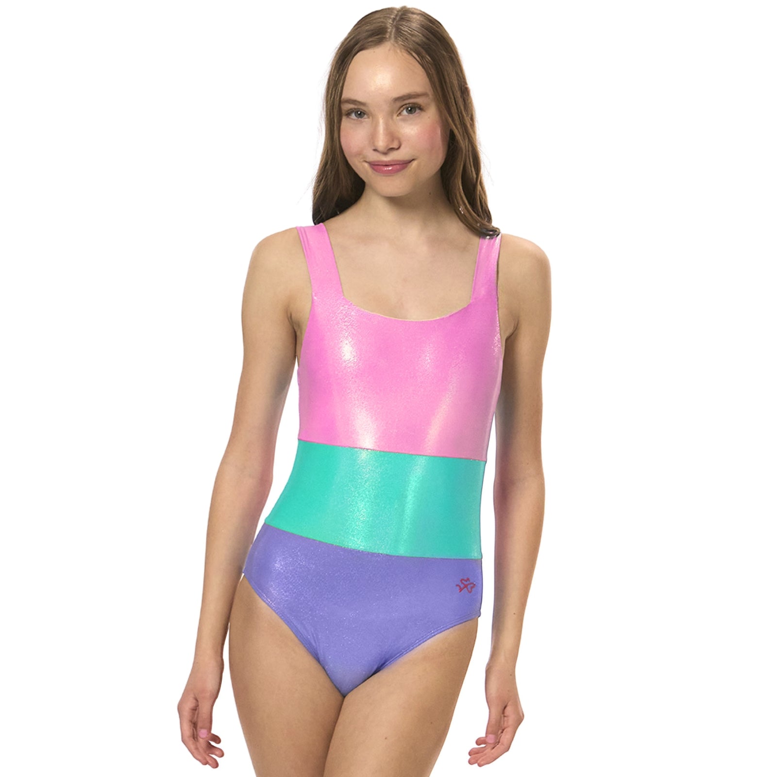 girls one piece swimsuit pink current colorblock front view